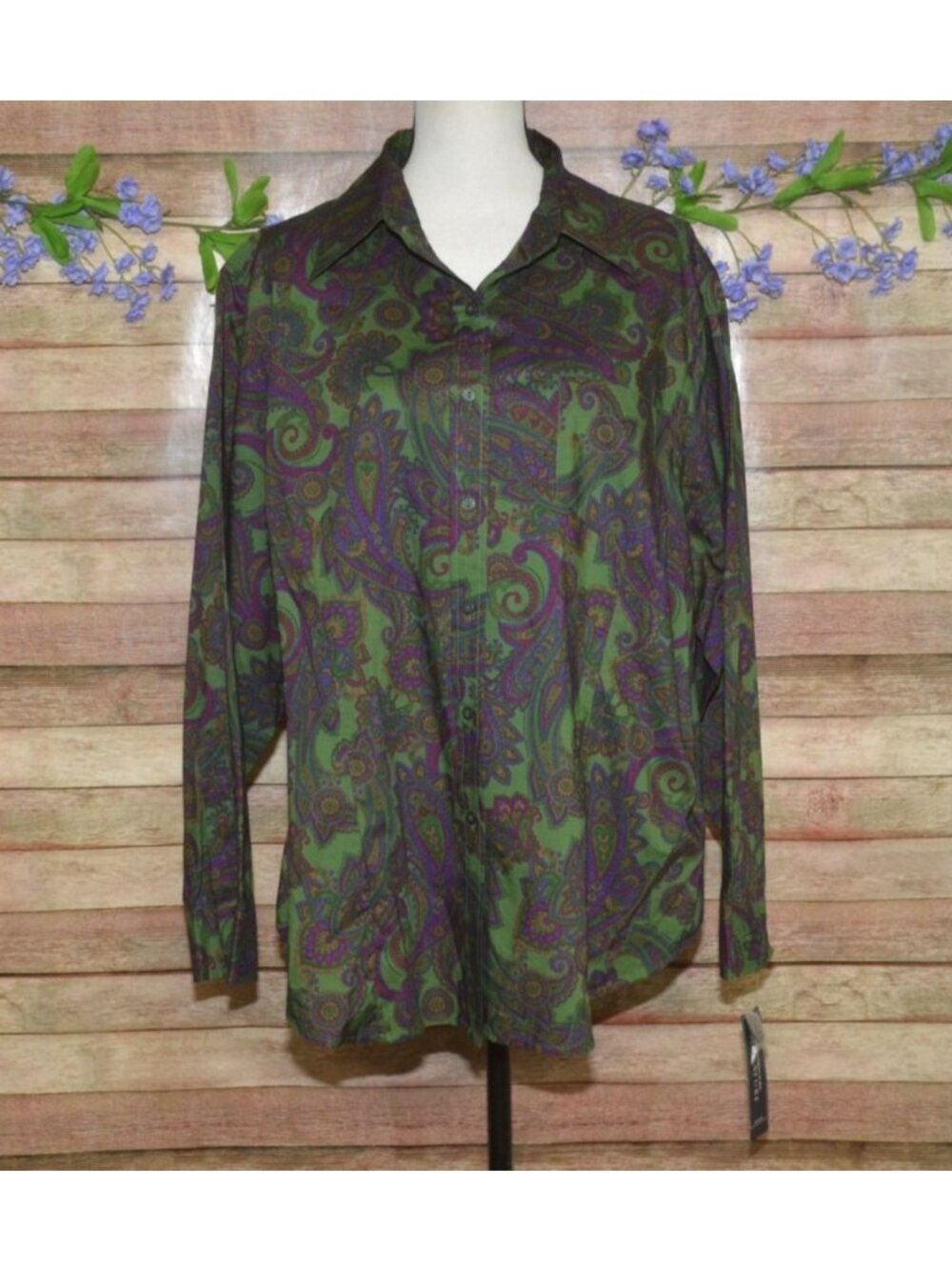 NWT Jones New York Signature Womens 3X Green Paisley Cotton Button Up Shirt Top